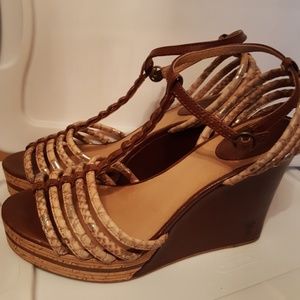 Frye Wedge T-Strap Sandals Snakeskin